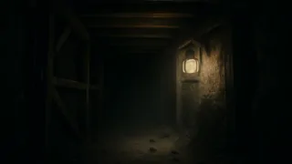 Dunkler Kriechkeller unter den alten Dielen, ausgekleidet mit feuchten Brettern und schleichenden Schatten