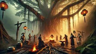 Warriors and artisans in a misty mountain temple forge iridescent steel