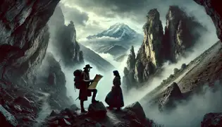 Diego and Rosa stand in a rocky mountain passage, where the wind sings through jagged formations, guiding them toward a hidden chamber.