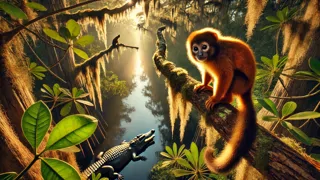 The monkey perched high in a tree, pondering a clever ruse to escape the crocodile’s deadly ambush