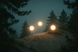 Old black-and-white photograph of glowing lights above pine trees from a 1970s newspaper archive