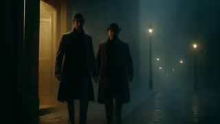 Sherlock Holmes et le Dr Watson quittant Baker Street la nuit, sous un éclairage de réverbère brumeux.