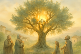 Two white doves perched together on illuminated olive branches at dawn
