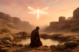 A hopeful traveller watching a glowing dragonfly spirit vanish at dawn in the dunes