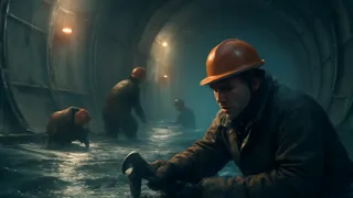 Tripulación con trajes de emergencia reparando una brecha inundada en un pasillo bajo el hielo de Ganímedes