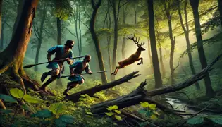 Hunor and Magor chase the golden deer through a vibrant forest, spears in hand, as the deer leaps over a fallen tree.