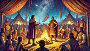 Hunor and Magor lead a joyous celebration by a bonfire with their people in the newly discovered homeland under a starry sky.