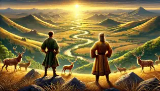 Hunor and Magor overlook a fertile valley, bathed in sunlight, as the golden deer fades into the distant horizon.