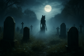 Cementerio iluminado por la luna en un pantano, con un mausoleo de piedra donde está tallada una huella de lobo.