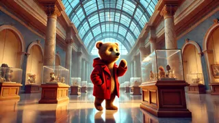O Ursinho Paddington acidentalmente derrubando chá na sala de jantar da família Brown, causando uma bagunça divertida.