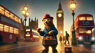 O Urso Paddington entregando sanduíches de geléia para crianças de rua perto do Big Ben.