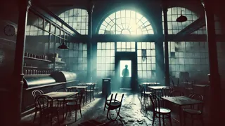 Empty café tables and chairs left to decay inside a darkened London cafe