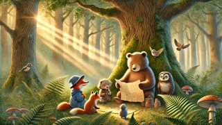 Barnaby e amigos examinando um mapa antigo atrás do carvalho na Floresta de Honeyford