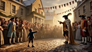 A curious child pointing and declaring the Emperor’s nakedness before the assembled crowd