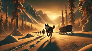 Macho alejándose del equipo de trineo para correr libremente por la selvática invernal al amanecer.