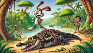 A hare confidently stands near a bound crocodile, tied up with strong vines, as jungle animals watch in surprise.