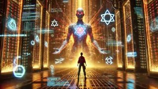 Aria affrontant un djinn numérique géant constitué de glyphes holographiques dans Fractal