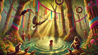 Maadun orchestrating a beauty contest as his daughter and animals perform playful tasks in a clearing