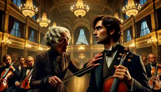 An old woman urgently warns Lukas in a grand Viennese concert hall, gripping his arm as he listens with confusion.