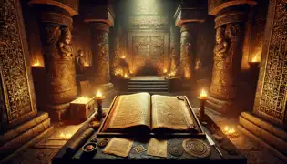 A hidden chamber with an ancient manuscript on a stone altar, surrounded by golden relics and scrolls, illuminated by firelight.