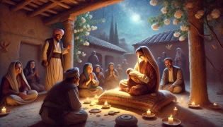 Kurdish couple sharing their last piece of bread with a mysterious stranger