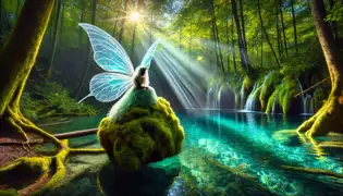 A fairy with iridescent wings sits by a turquoise pool in a serene forest glade at Plitvice Lakes.