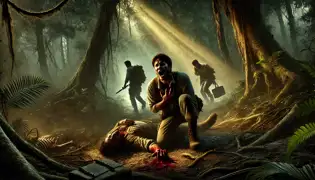 A young explorer clutches his wounded arm in a shadowy clearing while his teammates react with shock, surrounded by eerie golden light.