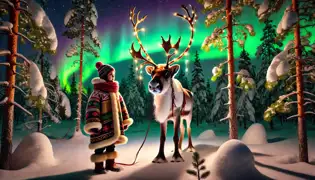 The Guardian of the Lights, a glowing-antlered reindeer, stands in a clearing with the girl and her reindeer Tuuli.