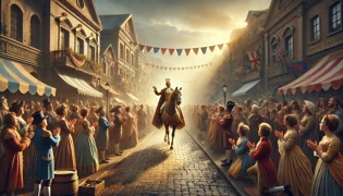 The Emperor parading in his invisible attire through the bustling marketplace