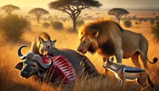 A lurking hyena watches as a lion feasts on a buffalo kill, while a hidden jackal prepares to outsmart the greedy scavenger.