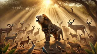 A tense gathering of African animals witnessing a caged lion surrounded by braided vine traps