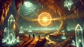 Uma esfera luminosa de metal líquido suspensa dentro de uma vasta câmara cristalina no núcleo da Terra
