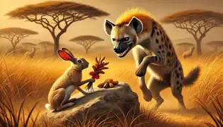 A sly hyena approaches a cautious hare sitting on a rock, trying to convince him to share his sweet roots in the golden savanna.