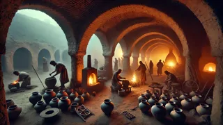 Des artisans anciens façonnant l'argile et le métal à la lumière d'une torche, le feu illuminant leurs premiers outils
