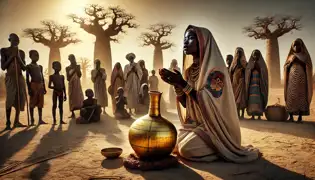 Adama kneels beside a dry well, holding the golden calabash as villagers watch in anticipation under the warm African sun.