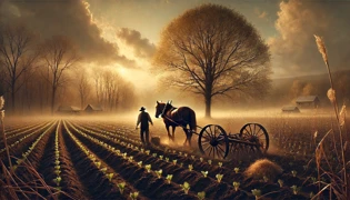 Man guiding a plow through spring soil under budding trees