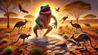 Tiddalik lacht, während Wasser aus seinem Hals strömt und das Outback wiederbelebt.