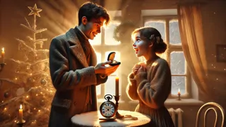Una pareja se abraza en una habitación tenuemente iluminada mientras revelan los regalos inesperados que se han comprado el uno para el otro.