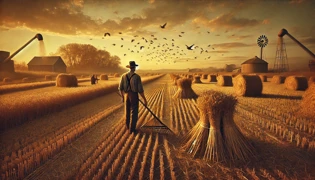 Rows of harvested crops with birds pecking among the stubble