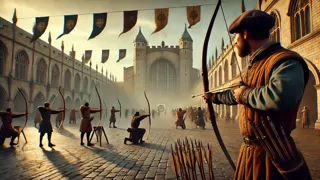 Robin Hood disfrazado, lanzando una flecha en el gran concurso de tiro con arco en el castillo de Nottingham, ante un público atónito.