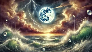 Luna leaping from turbulent ocean waves towards a distant star