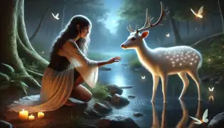 Nicté kneels by a jungle riverbank, extending her hand toward a glowing white deer, as fireflies illuminate the tranquil night.