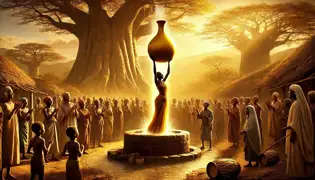 Adama holds the glowing golden calabash as fresh water flows from the well, while villagers celebrate under the bright sunlight.