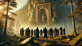 Arc en pierre sculptée d’une grotte secrète dans la montagne, avec des voleurs rassemblés autour.