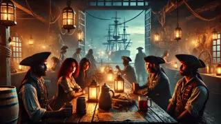 Taverne bondée d'un port caribéen, avec des pirates et des marins rassemblés autour d'une carte au trésor usée.