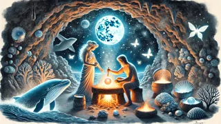 Tongan gods forging a luminous orb of coral and pearl
