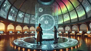 Holmes und ein Wissenschaftler, die innerhalb eines hochmodernen Observatoriums tiefraum-holografische Sternkarten untersuchen.