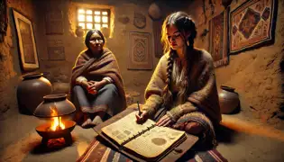 Rosa and her mother sit by the hearth, examining a leather-bound journal filled with sketches and notes.