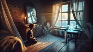Eine blasse Hand, die ein leuchtendes Eissplitter gegen eine verschneite Fensterscheibe umfasst