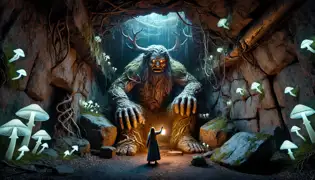 Inside a dim, moss-covered lair, a troll sits on a stone throne as Elin stands at the entrance with a lantern.